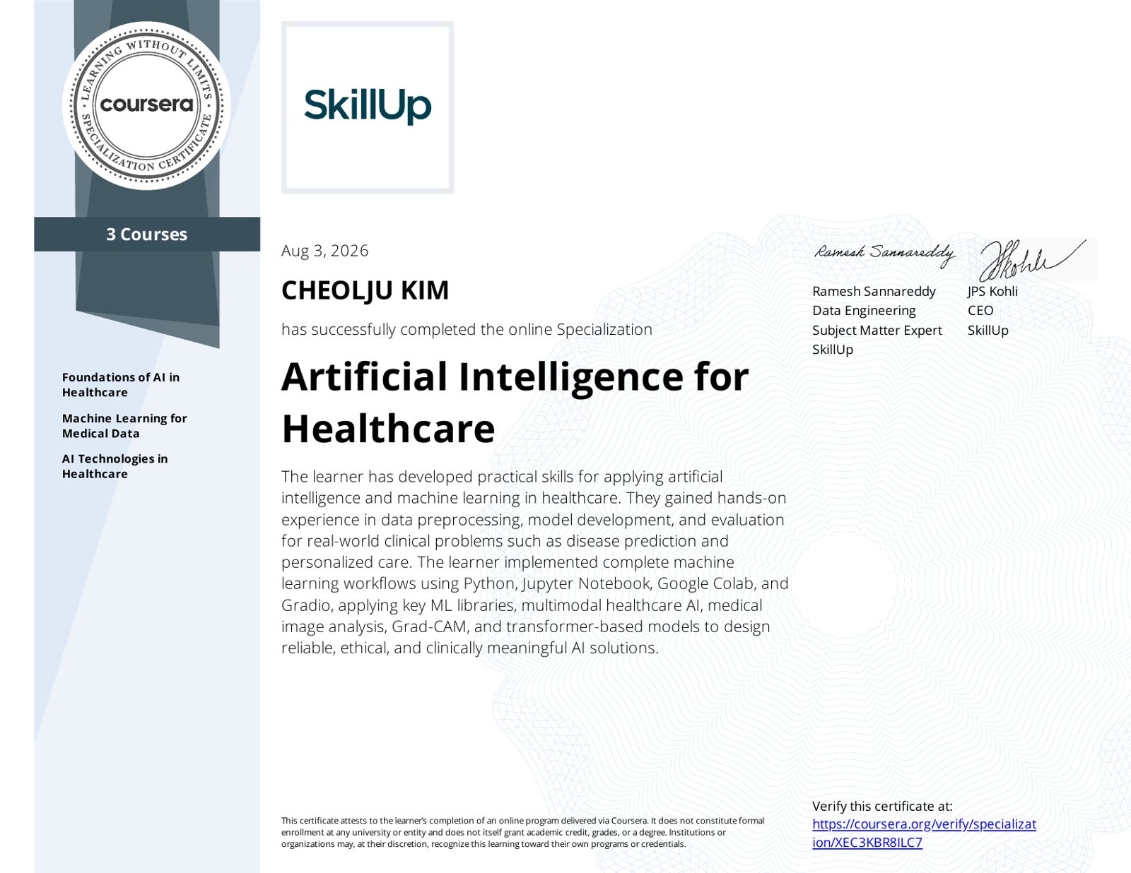Artificial Intelligence for Healthcare certificate